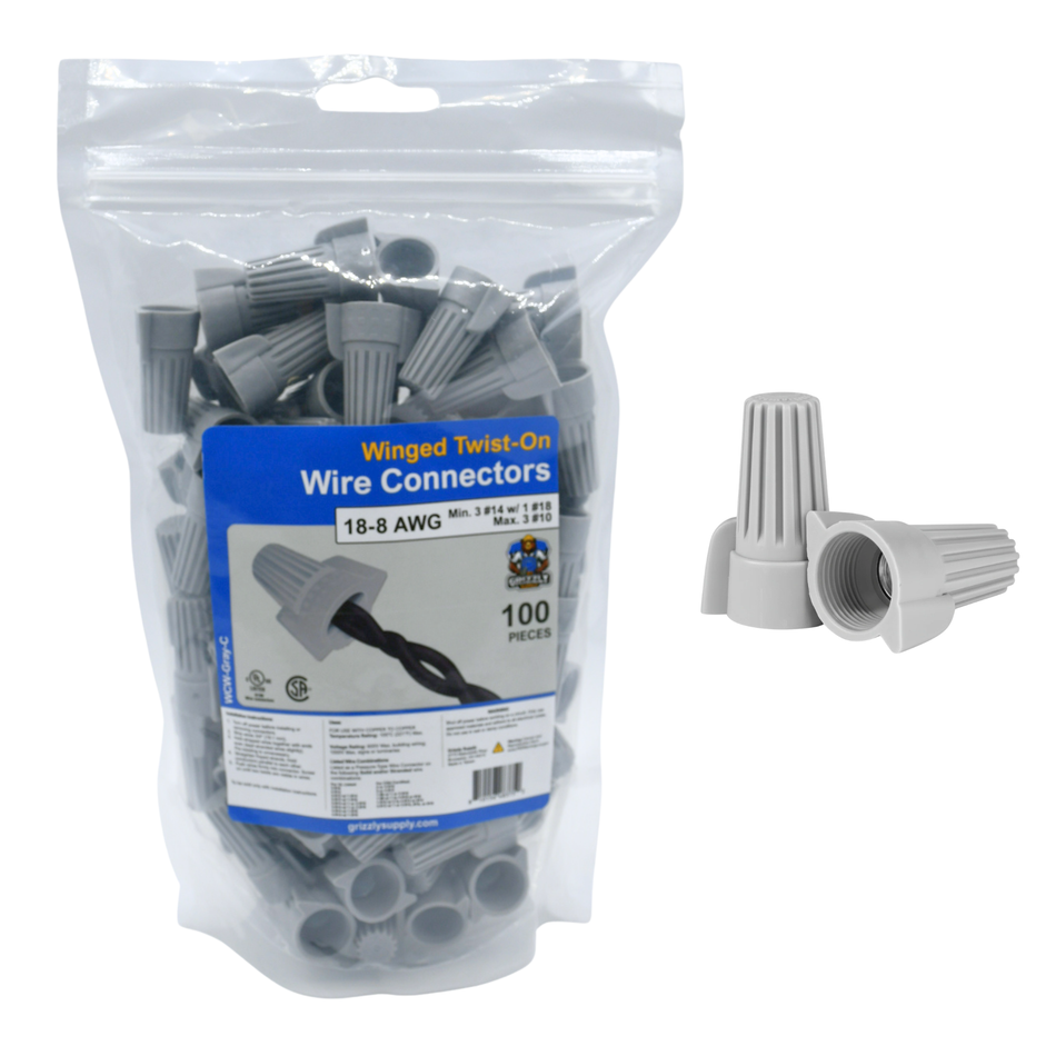 Winged Gray Screw-On Wire Connectors 18-8 AWG 100/Bag #WCW-Gray-C