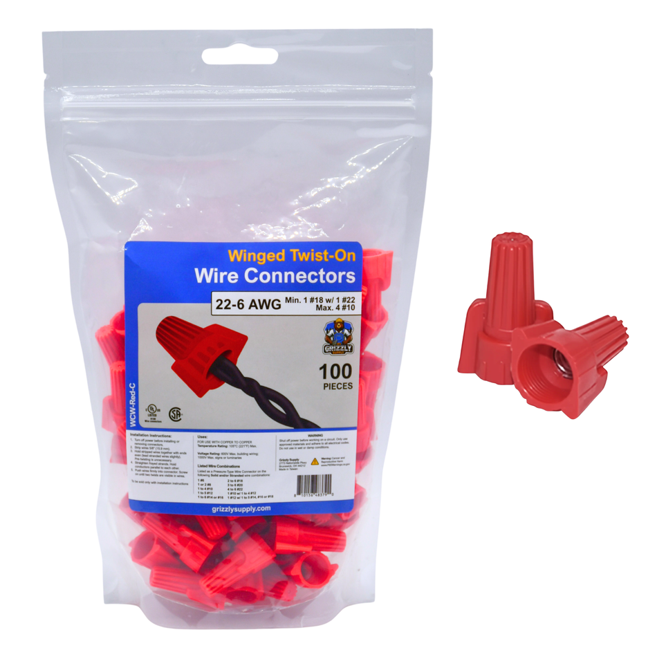 Winged Red Screw-On Wire Connectors 22-6 AWG 100/Bag #WCW-Red-C