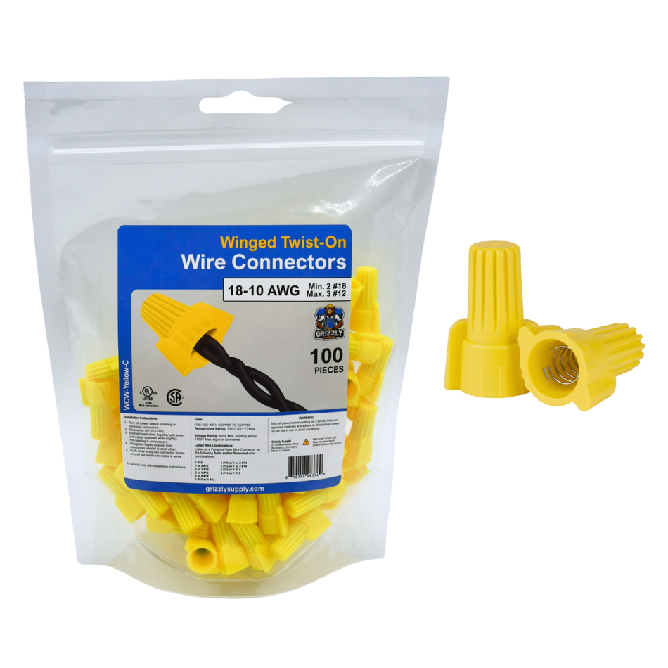 Winged Yellow Screw-On Wire Connectors 18-10 AWG 100/Bag #WCW-Yellow-C