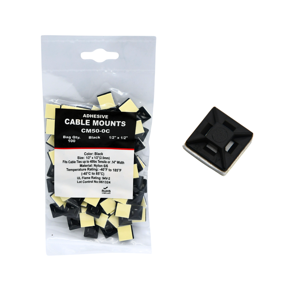 .50" UV Black Mount with White Adhesive Backing Cable Tie Mounts 100/bag Part # CM50-0C