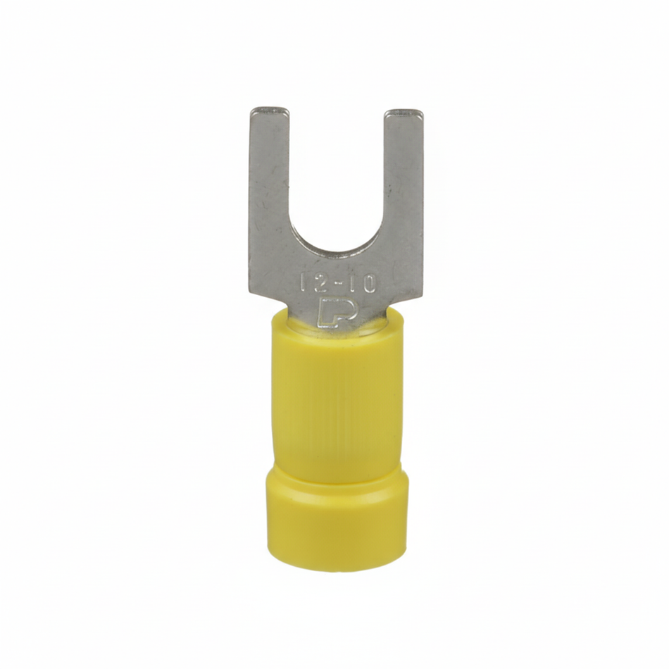 Pan-Term® PV10-10F-L Fork Terminal, Yellow, Vinyl, 10-14 AWG, #10 Stud, PK50