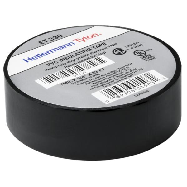 HellermannTyton ET330 Electrical Tape, .75" x 33' Roll, 7.0 mil Thick, PVC, Black, 10 rolls/pkg