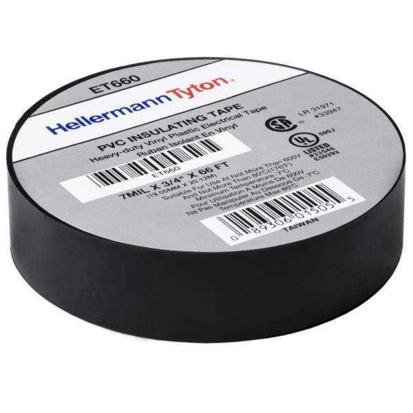 HellermannTyton ET660 Electrical Tape, .75" x 66' Roll, 7.0 mil Thick, PVC, Black, 10 rolls/pkg