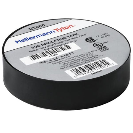 HellermannTyton ET660 Electrical Tape, .75" x 66' Roll, 7.0 mil Thick, PVC, Black, 10 rolls/pkg