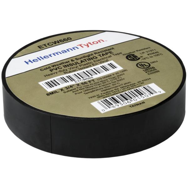 HellermannTyton ETCW660 Electrical Tape, .75" x 66' Roll, 8.0 mil Thick, PVC, Black, 10 rolls/pkg