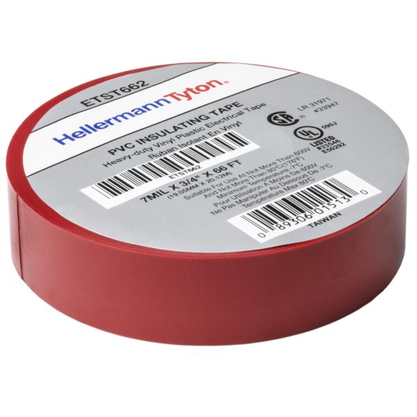 HellermannTyton ETST662 Electrical Tape, .75" x 66' Roll, 7.0 mil Thick, PVC, Red, 10 rolls/pkg