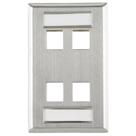 HellermannTyton FPIQUAD-SS Flush Mount 4 Port Faceplate With ID Windows, Stainless Steel,1/pkg