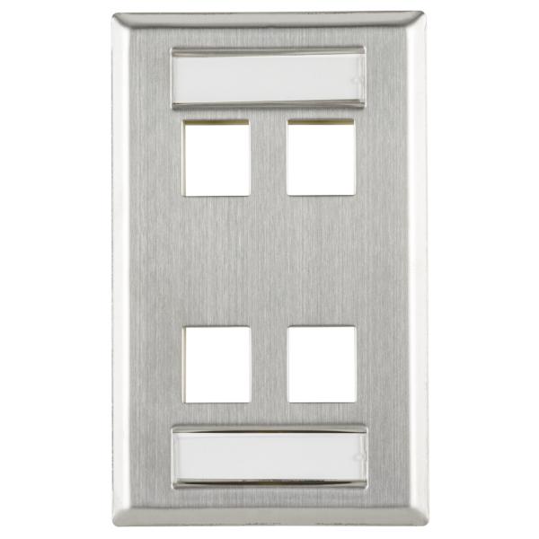 HellermannTyton FPIQUAD-SS Flush Mount 4 Port Faceplate With ID Windows, Stainless Steel,1/pkg