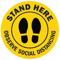 HellermannTyton 596-97001 Floor Sign, 8" Dia., Stand Here - Observe Social Distancing, Yellow, Vinyl, 10/pk