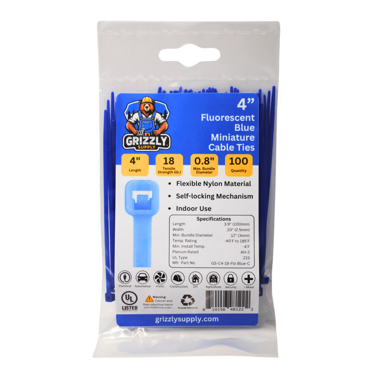 4" 18lb Fluorescent Blue Cable Tie 100/bag