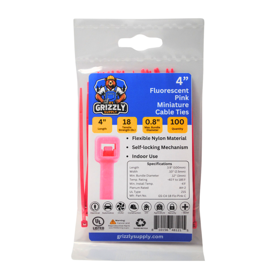 4" 18lb Fluorescent Pink Cable Tie 100/bag