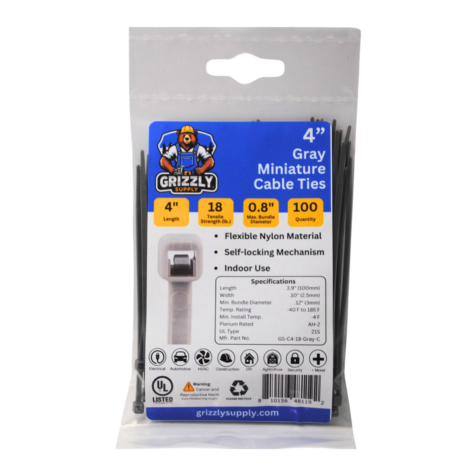 4" 18lb Gray Cable Tie 100/bag