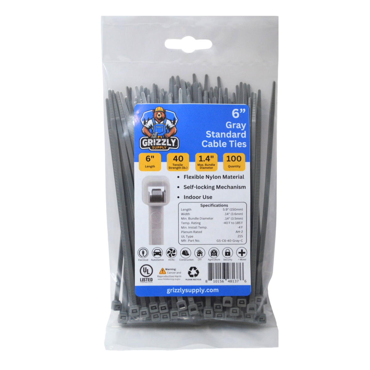 6" 40lb Gray Cable Tie 100/bag