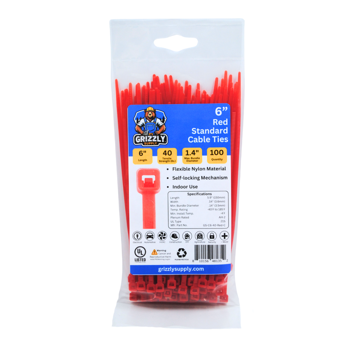 6" 40lb Red Cable Tie 100/bag