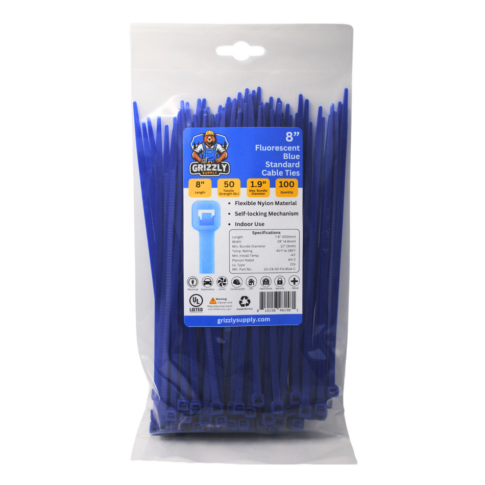 8" 50lb Fluorescent Blue Cable Tie 100/bag