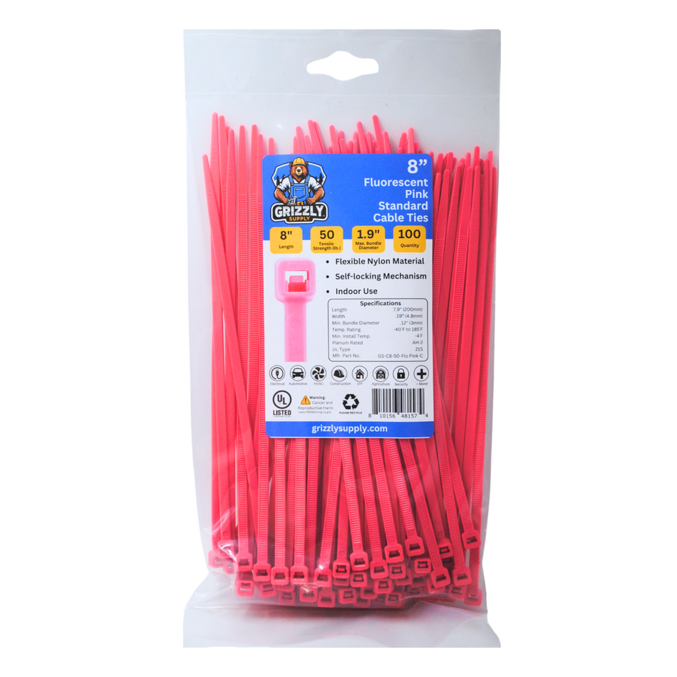 8" 50lb Fluorescent Pink Cable Tie 100/bag