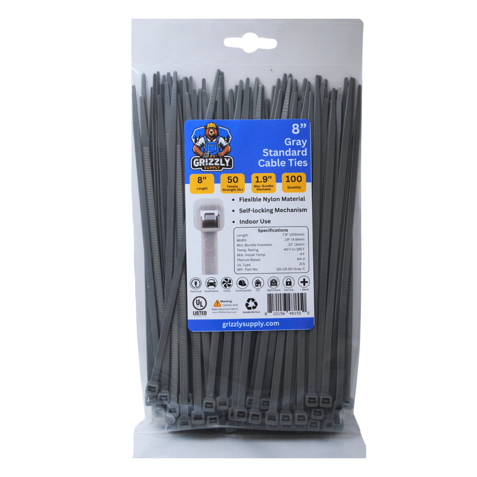 8" 50lb Gray Cable Tie 100/bag