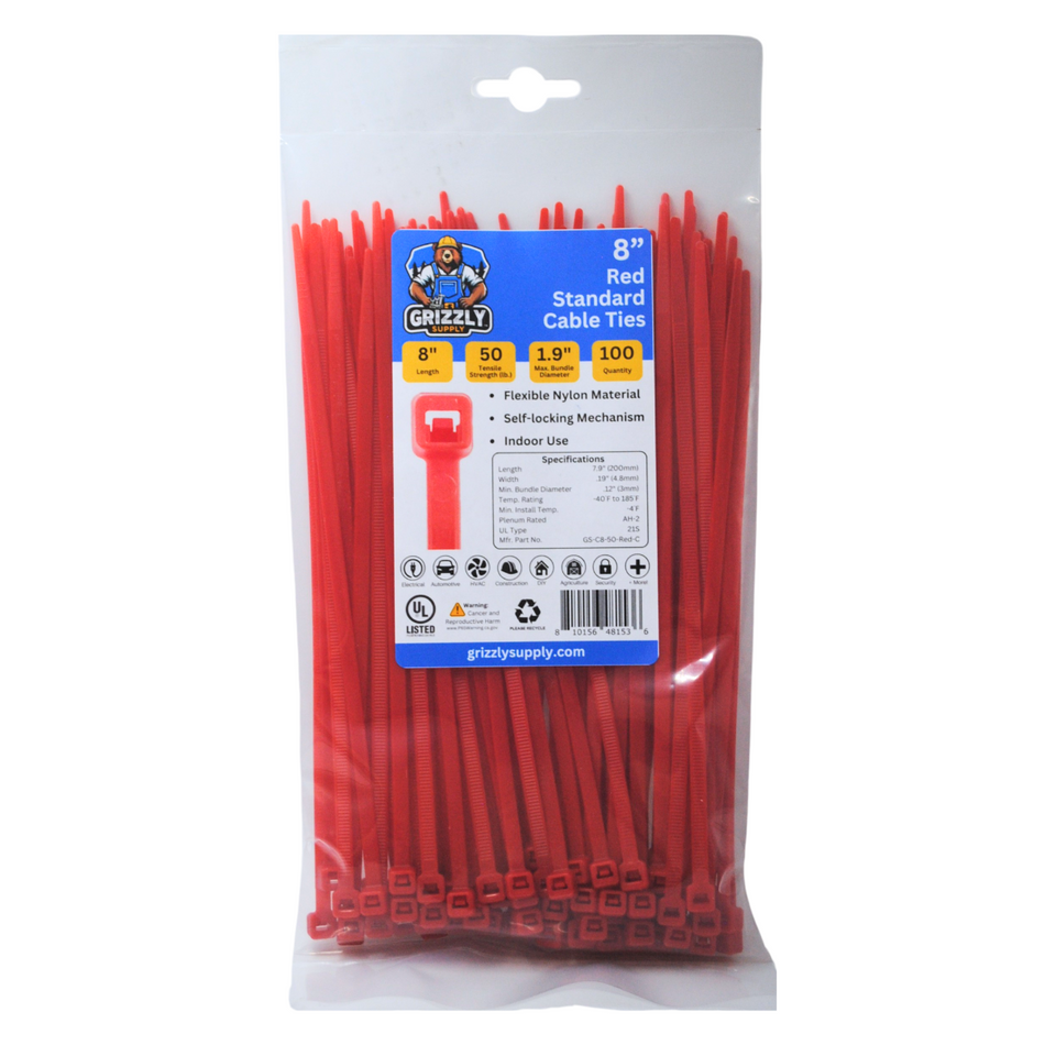 8" 50lb Red Cable Tie 100/bag
