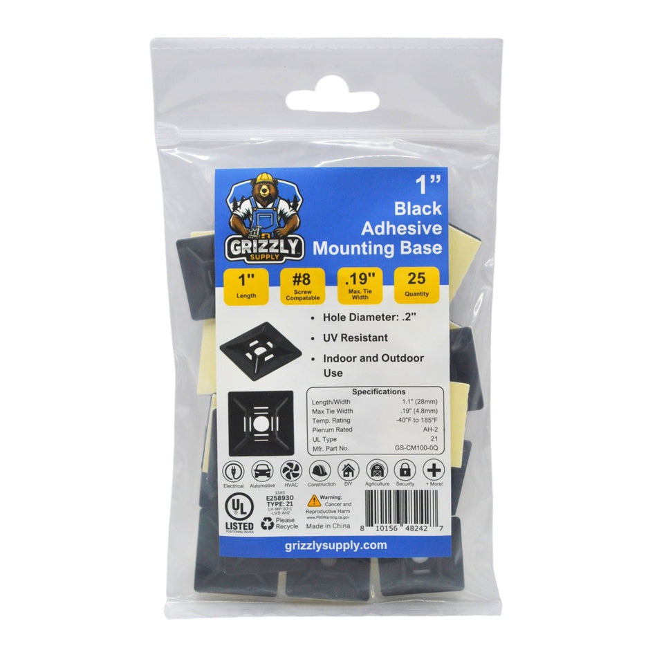 1" Black 4-Way Adhesive Cable Mounts 25/bag