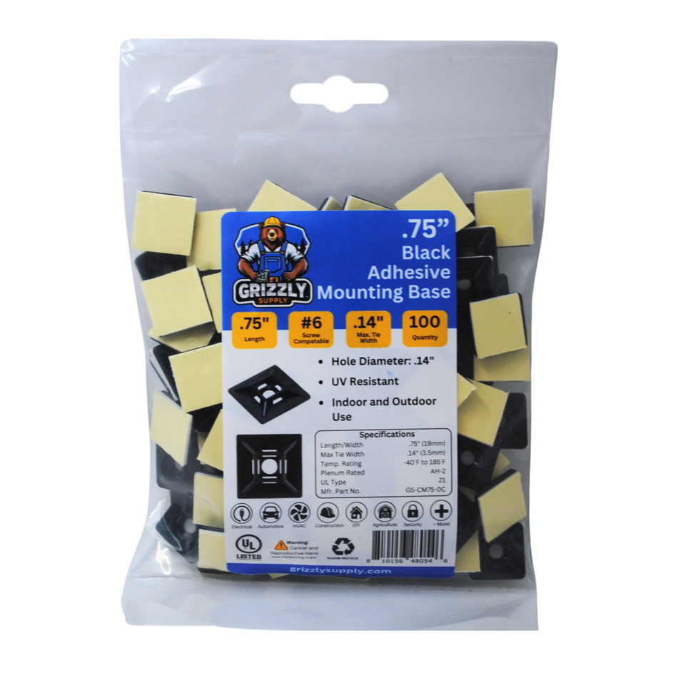 .75" Black 4-Way Adhesive Cable Mounts 100/bag