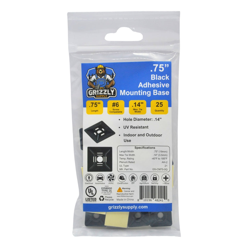 .75" Black 4-Way Adhesive Cable Mounts 25/bag