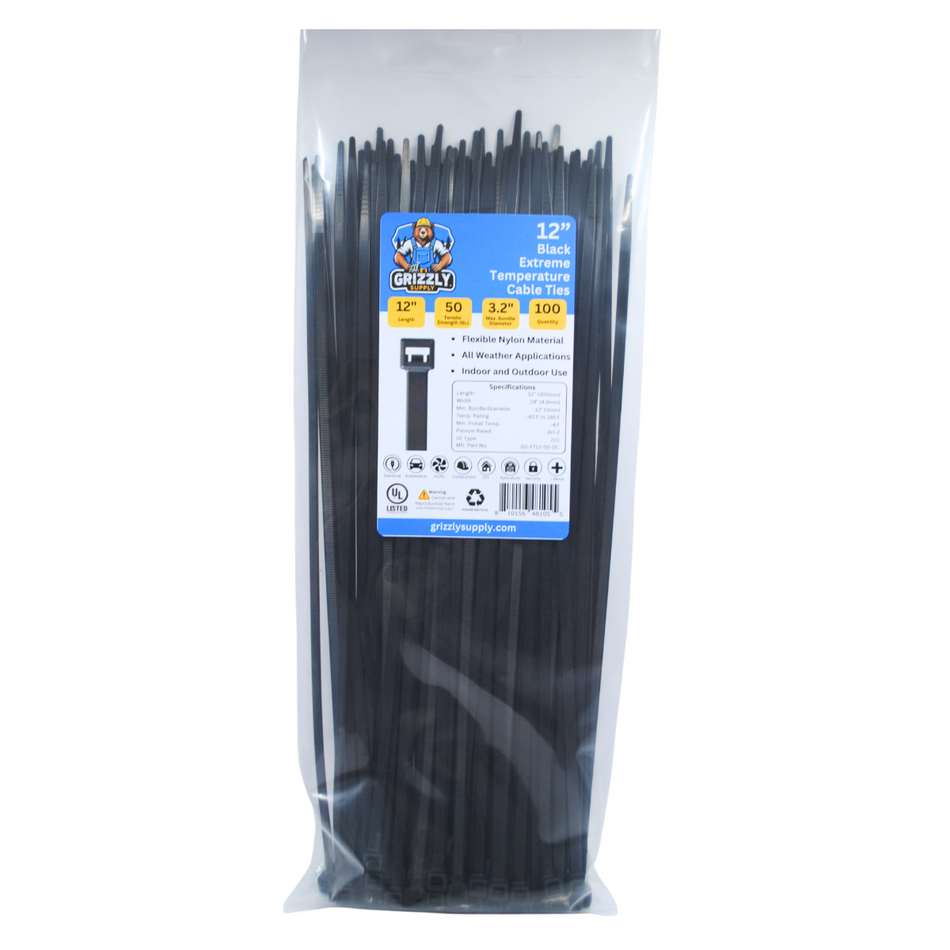 12" 50lb BlackUV Extreme Temp Cable Tie 100/bag