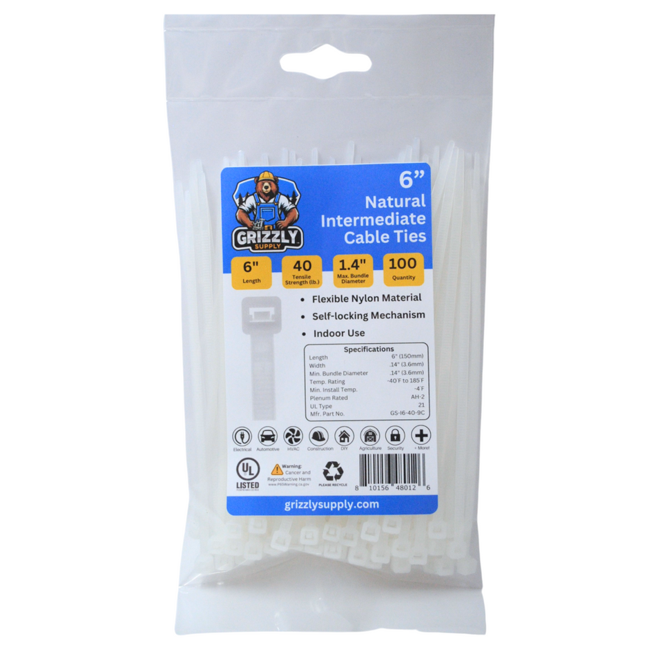 6" 40lb Natural Cable Tie 100/bag