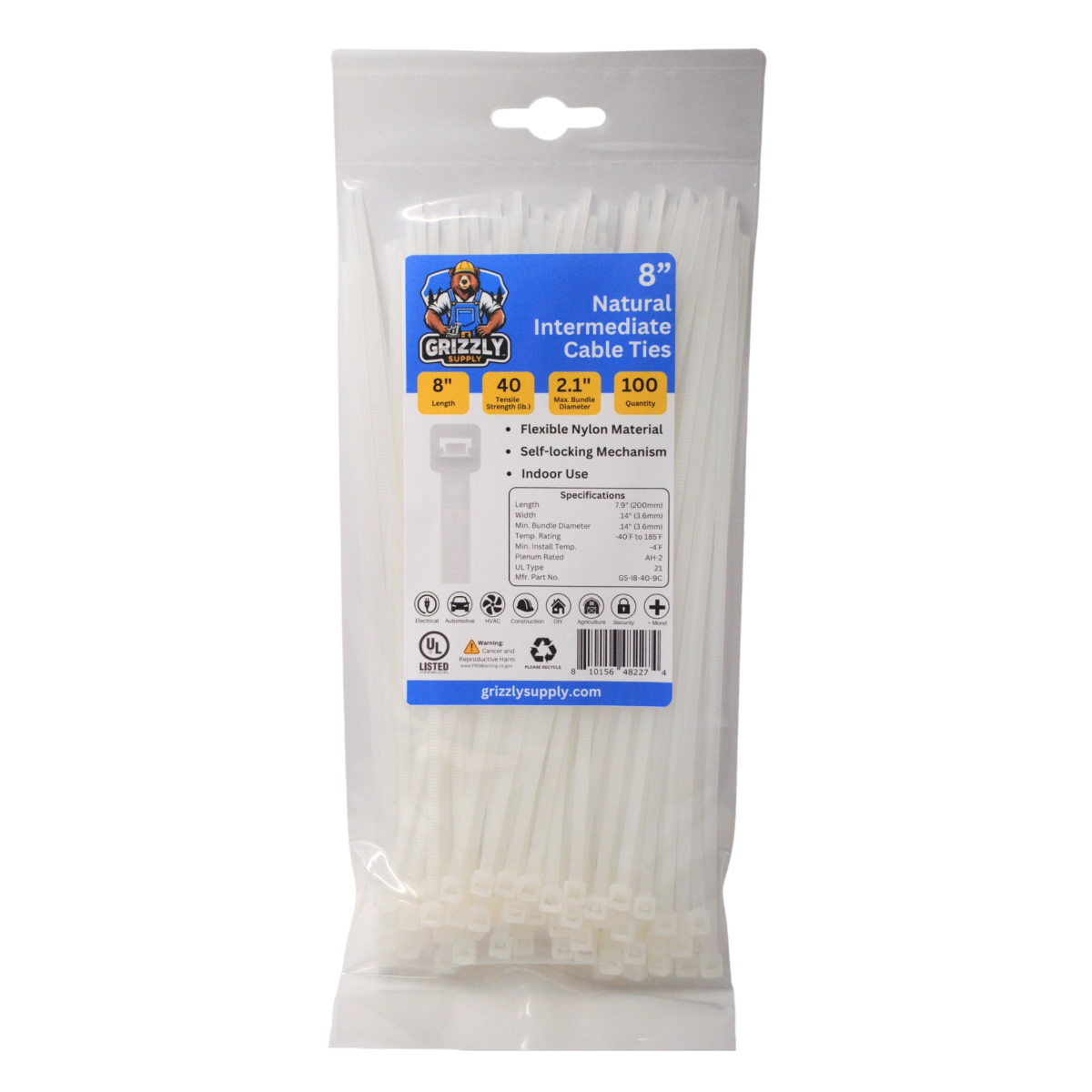 8" 40lb Natural Cable Tie 100/bag