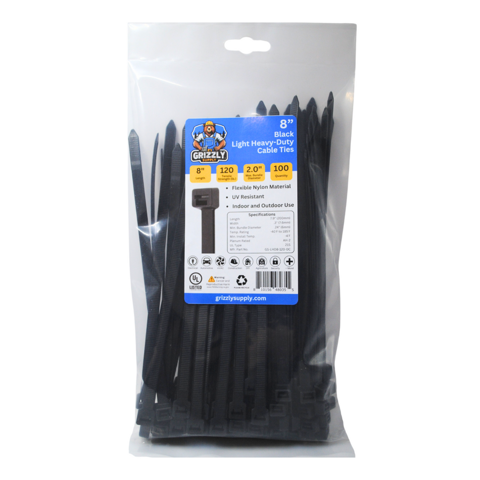 8" 120lb BlackUV Cable Tie 100/bag