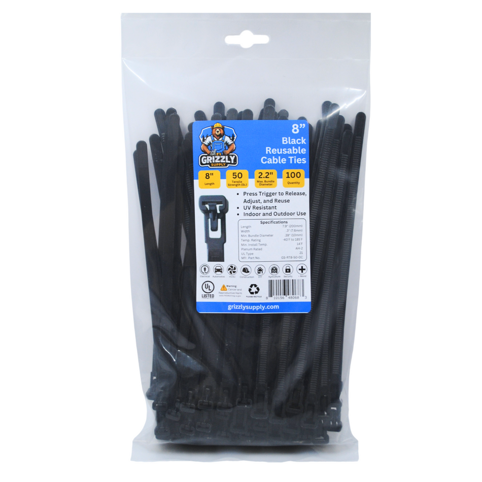 8" 50lb BlackUV Releasable Cable Tie 100/bag