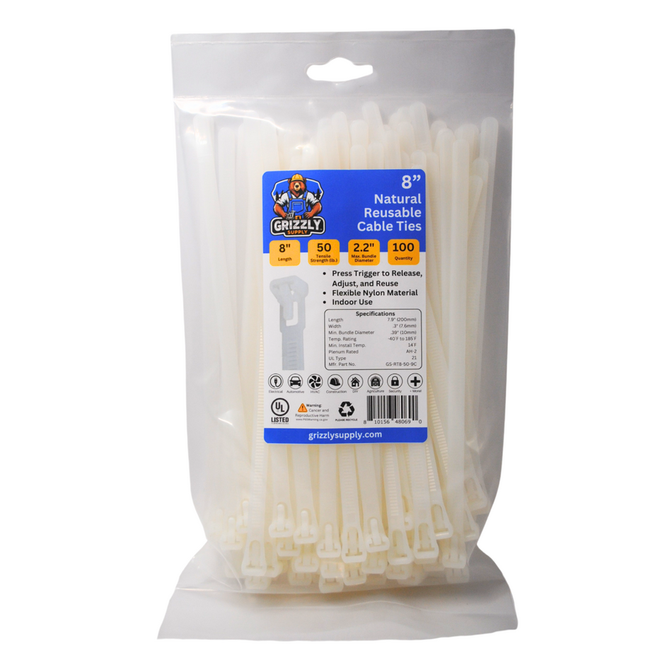 8" 50lb Natural Releasable Cable Tie 100/bag