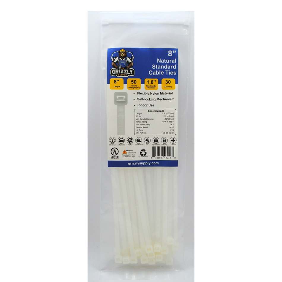 8" 50lb Natural Cable Tie 30/bag