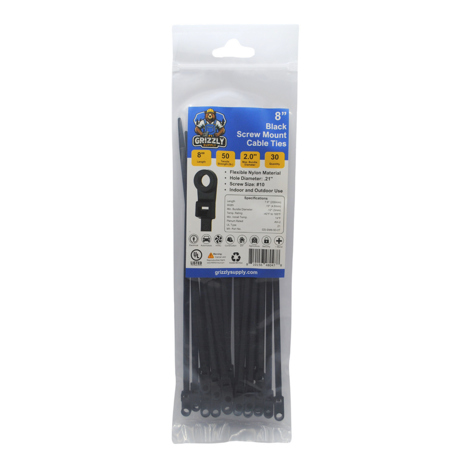 8" 50lb BlackUV Screw Mount Cable Tie 30/bag