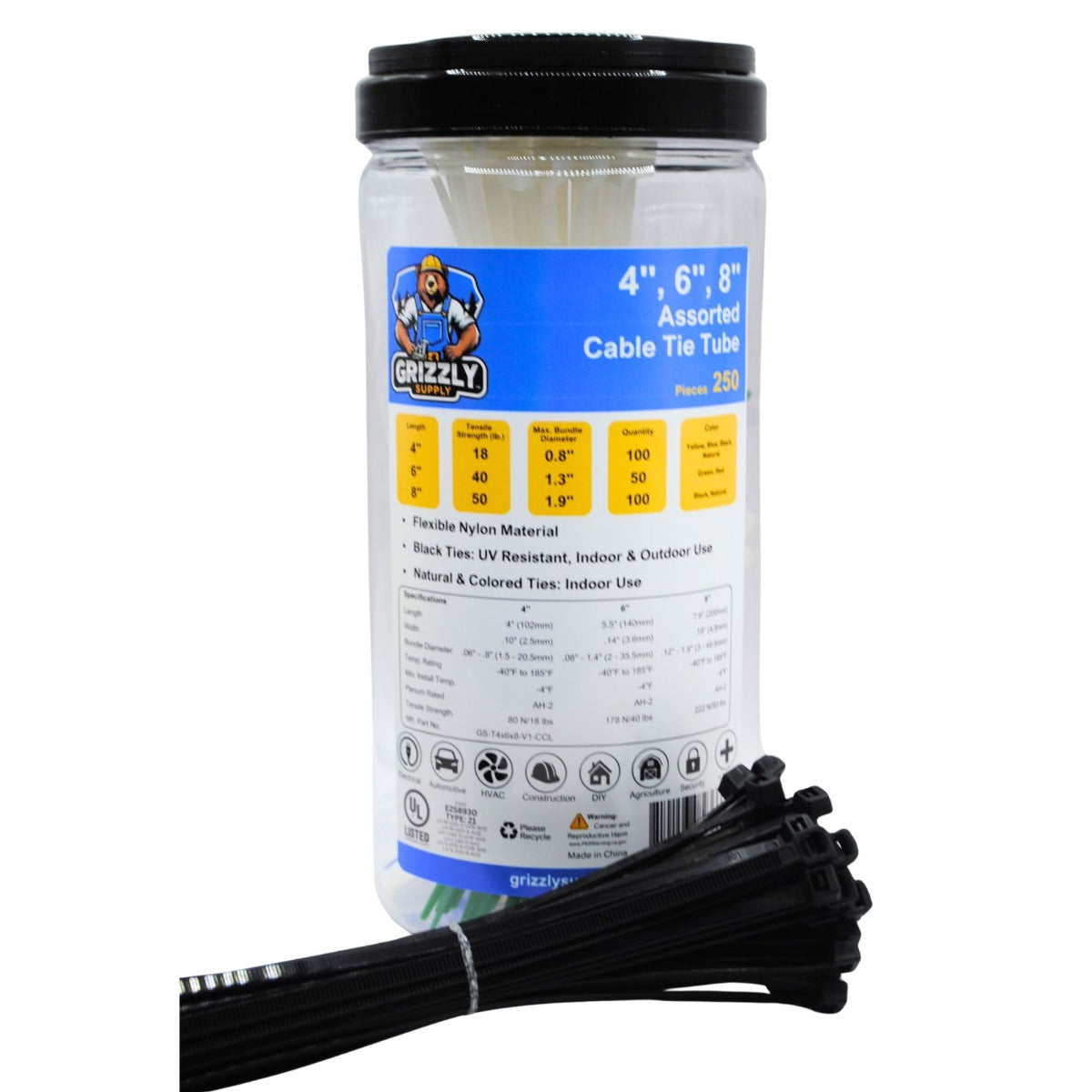 4", 6", 8" Assorted Cable Tie Tube 250/tube