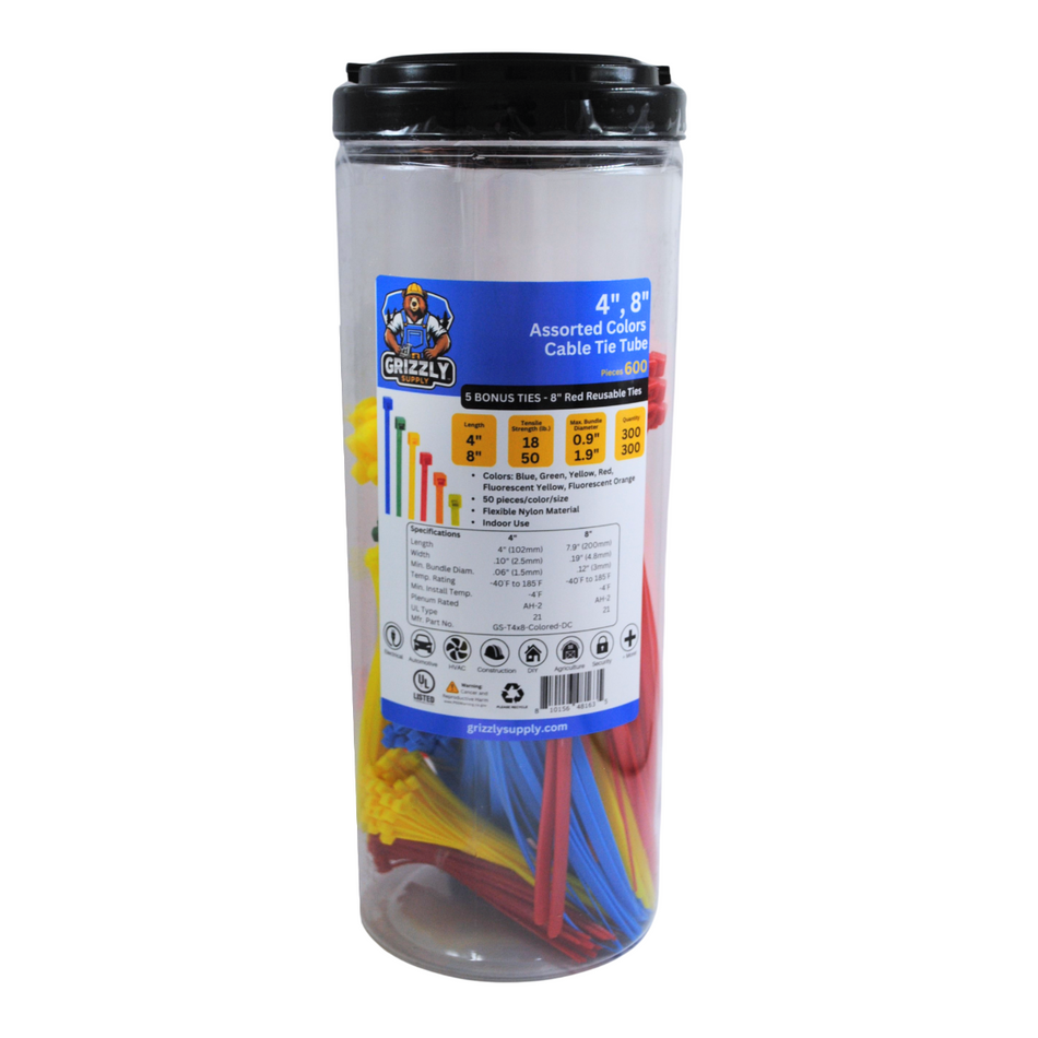 4", 8" Assorted Colors Cable Tie Tube 600/bag