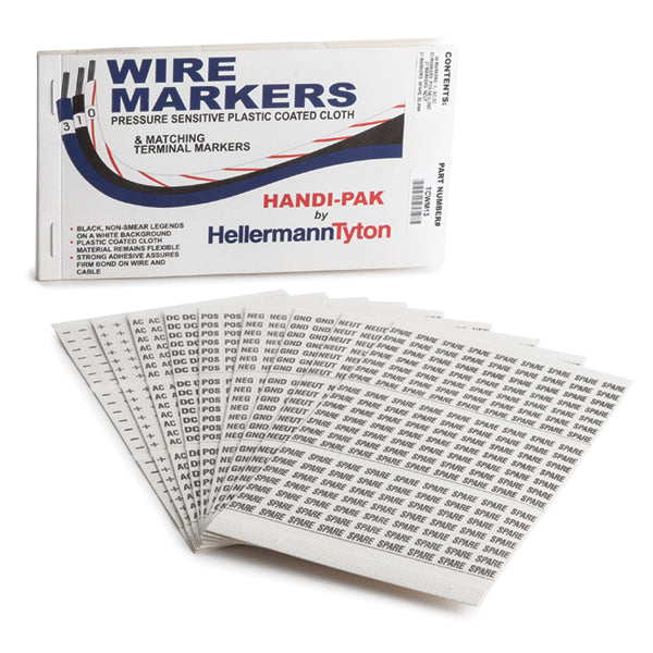 HellermannTyton TCWM13 Handi-Pak Marker Booklet, (45) +, -, AC, DC, (33) POS, NEG, and GND, (27) NEUT, (21) SPARE and BLANK, White, 1/pkg