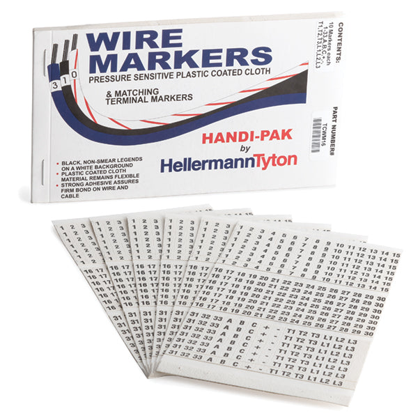 HellermannTyton TCWM16 Handi-Pak Marker Booklet, (10) 1–33, A, B, C, +, -, T1–T3, L1–L3