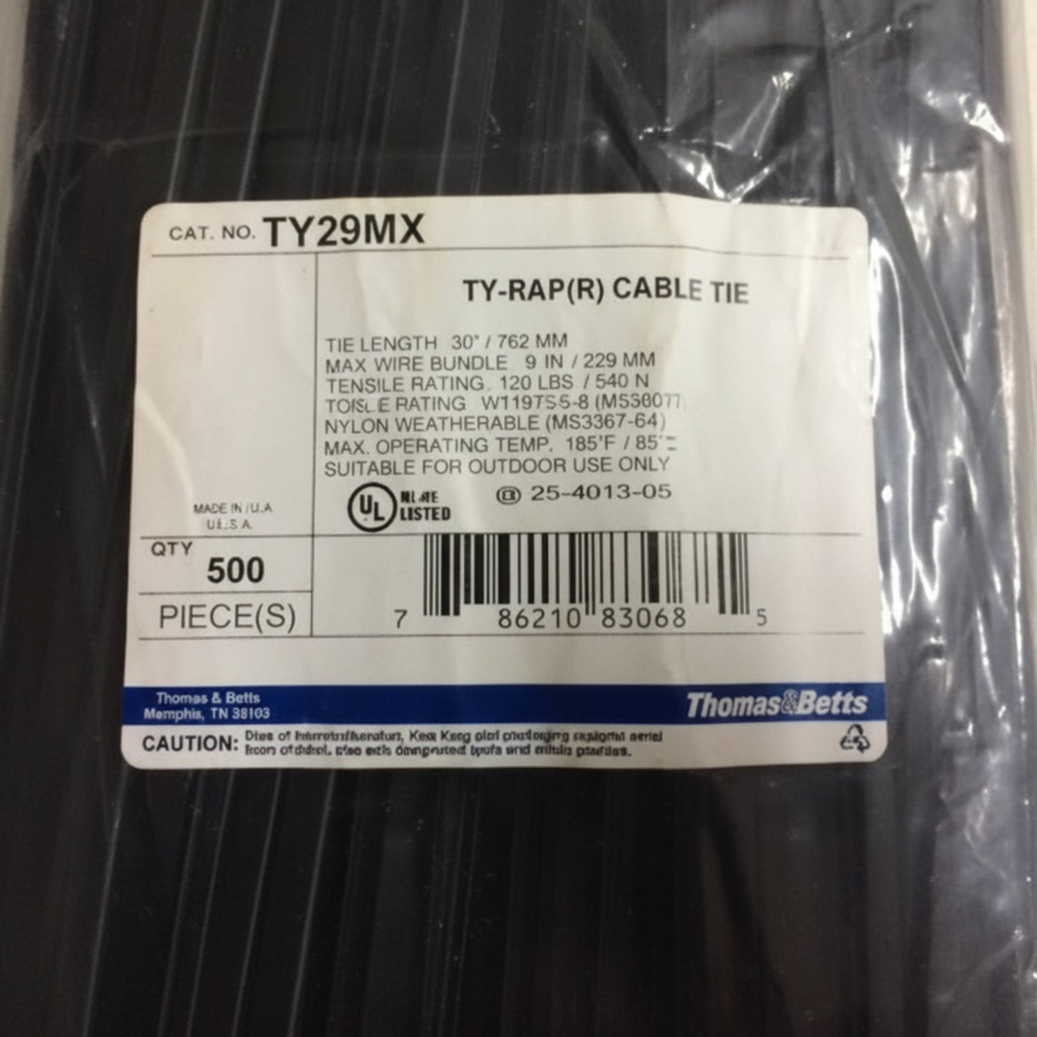 THOMAS & BETTS TY29MX 30 Inch 120lb UV Black Cable Ties | Cable