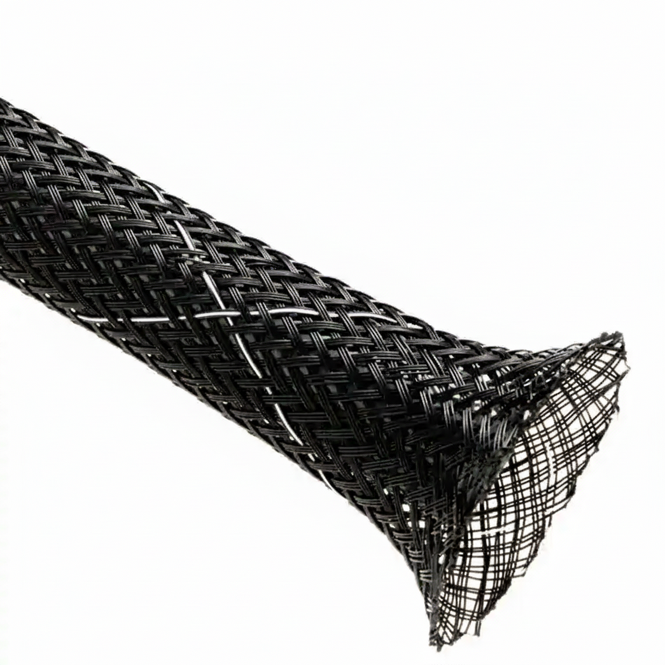 2 1/2” Black w/ White Tracer Techflex Flexo FR Flame Retardant Braided Sleeving 50ft